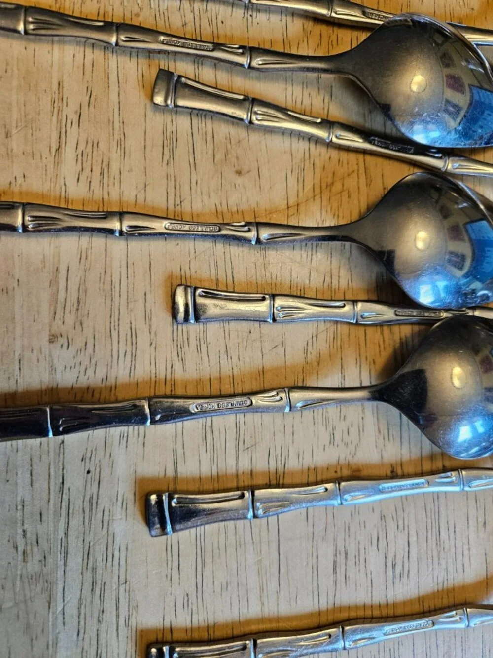 Lot 12 Bamboo Pattern Oval Soup Spoons Stainless Korea 7.5